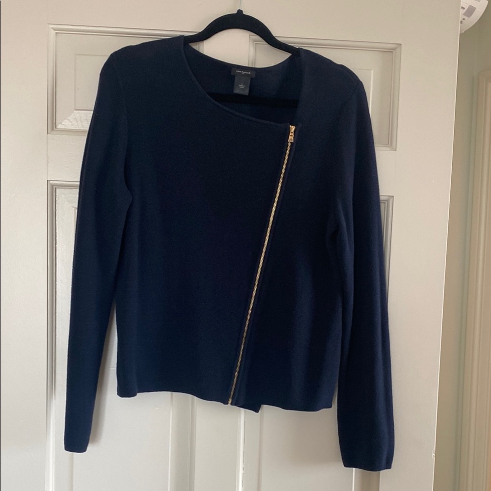 Ann Taylor Navy Asymmetrical Zipper Sweater size L